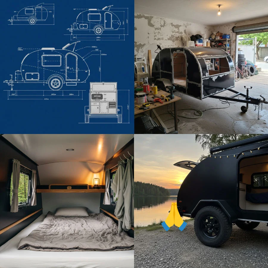 Colagem com desenhos técnicos, construção, interior acolhedor e mini trailer teardrop pronto na natureza