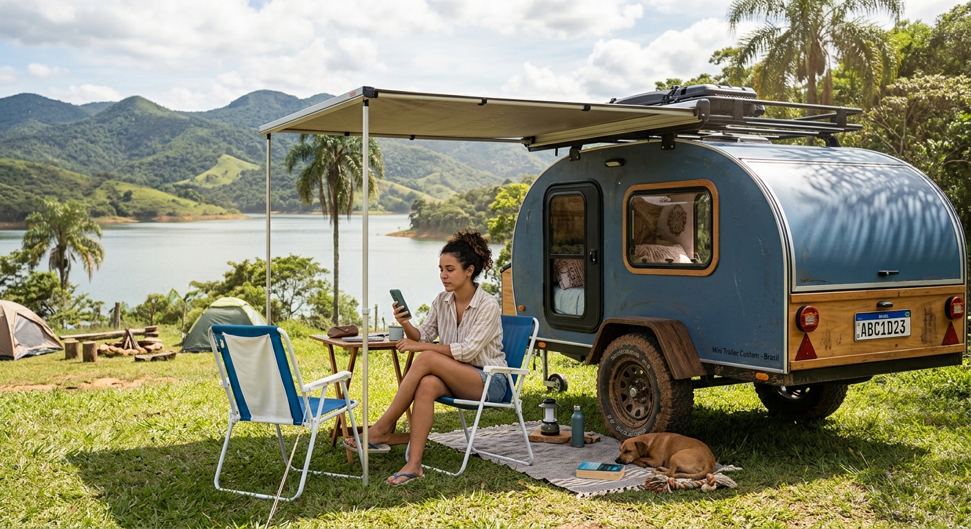 Teardrop acampado às margens de um lago com toldo aberto, cadeiras e área de convívio